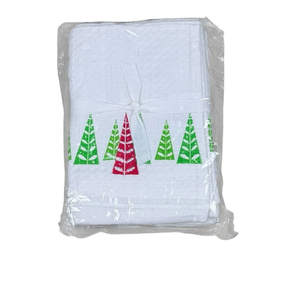 NWT Crate & Barrel Tannenbaum Holiday Christmas Tree Dishcloths  Towels White